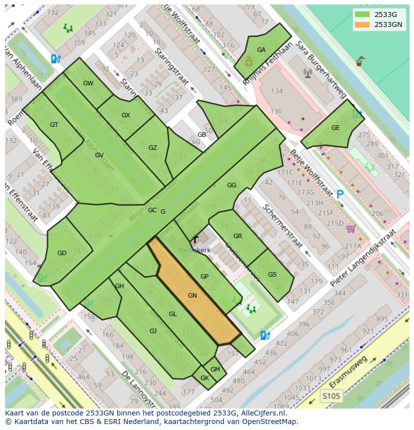 Afbeelding van het postcodegebied 2533 GN op de kaart.