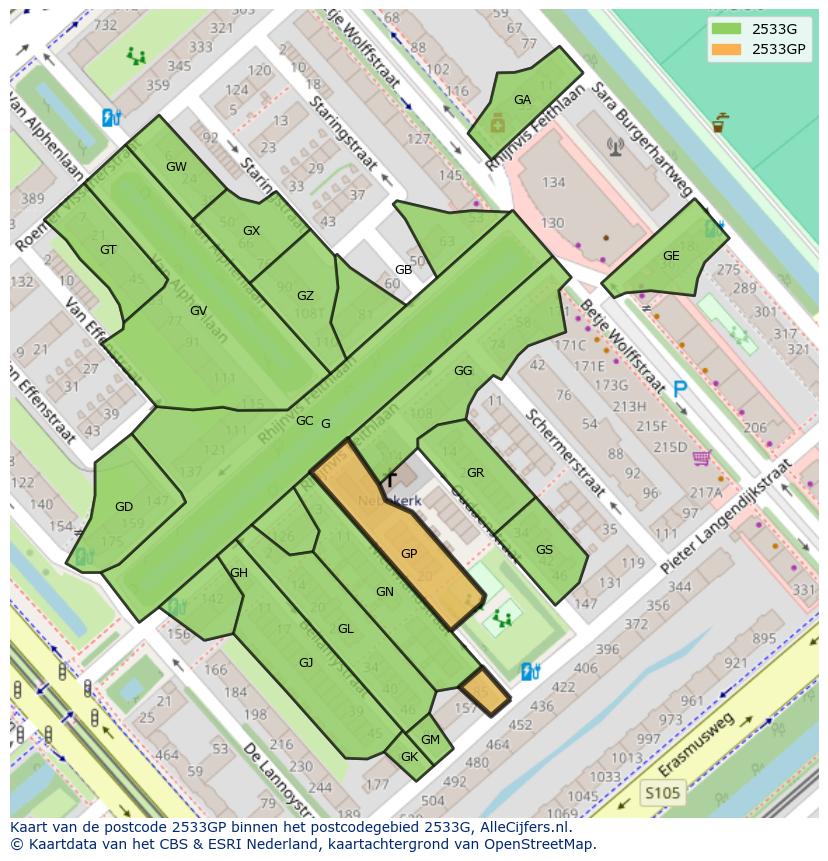Afbeelding van het postcodegebied 2533 GP op de kaart.