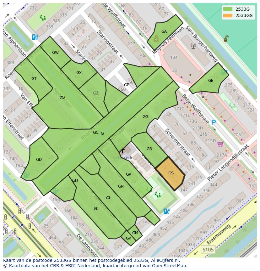 Afbeelding van het postcodegebied 2533 GS op de kaart.