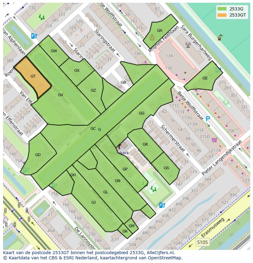 Afbeelding van het postcodegebied 2533 GT op de kaart.