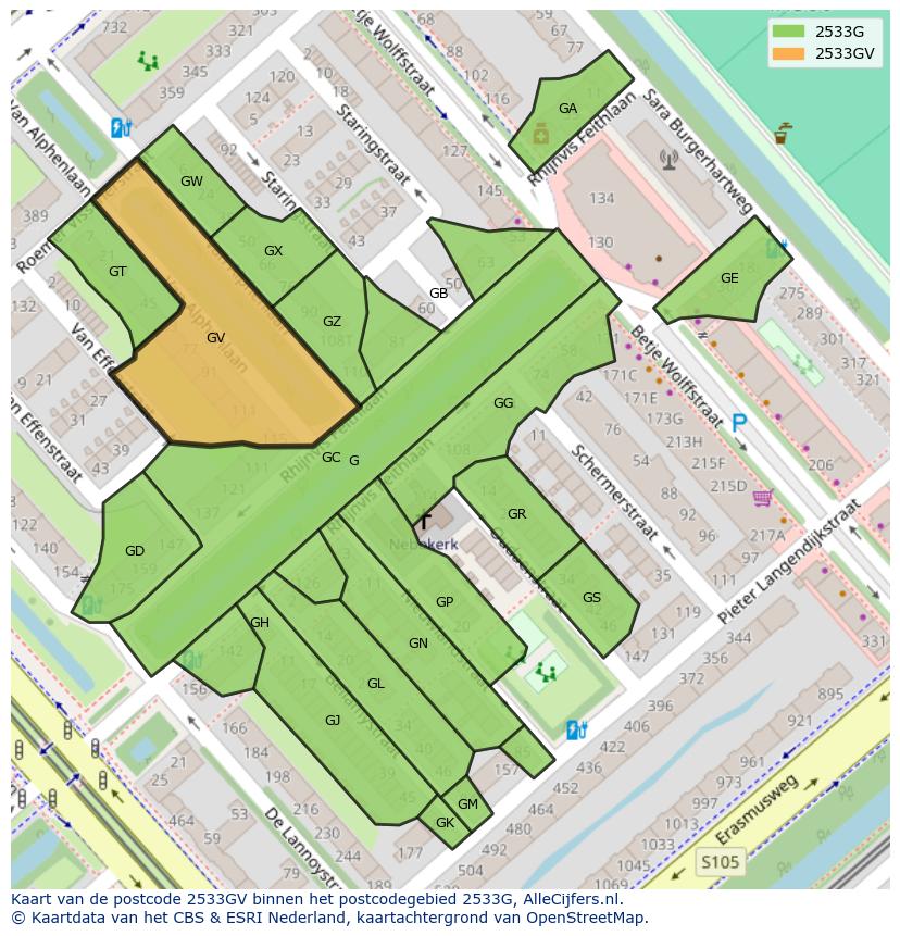 Afbeelding van het postcodegebied 2533 GV op de kaart.