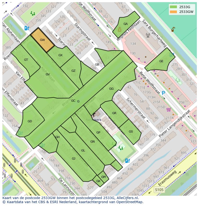 Afbeelding van het postcodegebied 2533 GW op de kaart.