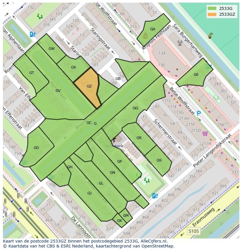 Afbeelding van het postcodegebied 2533 GZ op de kaart.