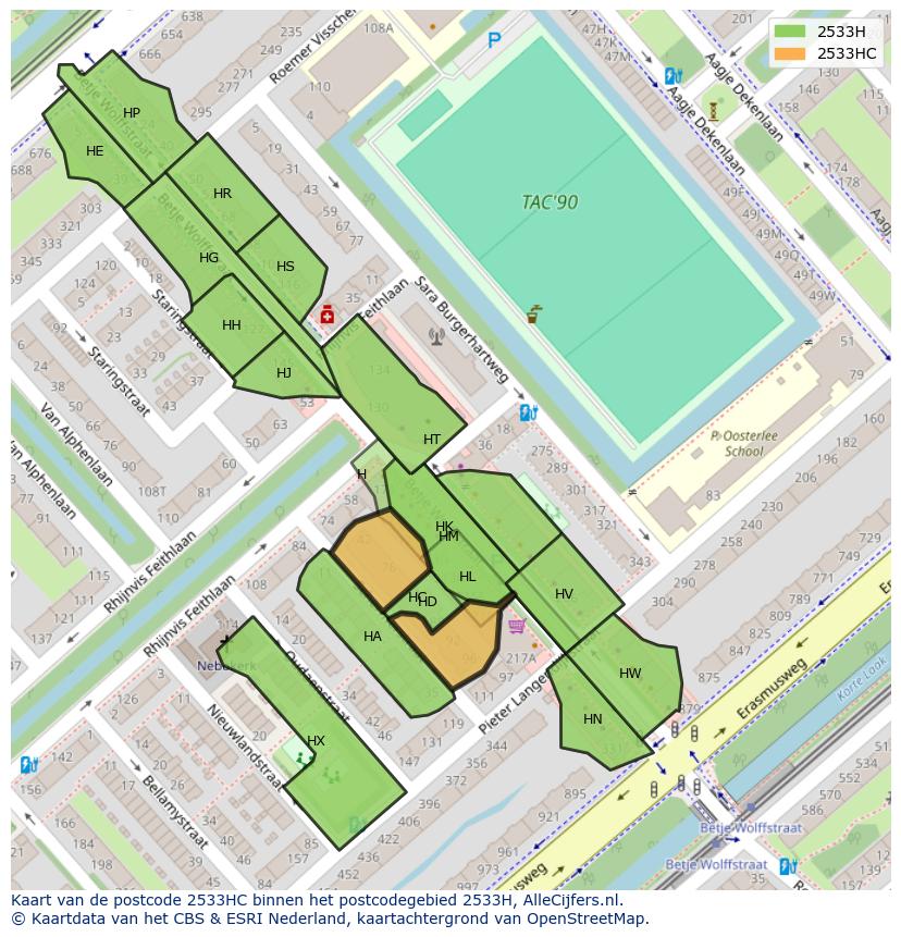 Afbeelding van het postcodegebied 2533 HC op de kaart.