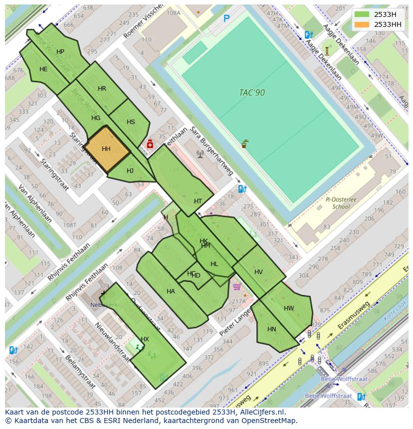 Afbeelding van het postcodegebied 2533 HH op de kaart.