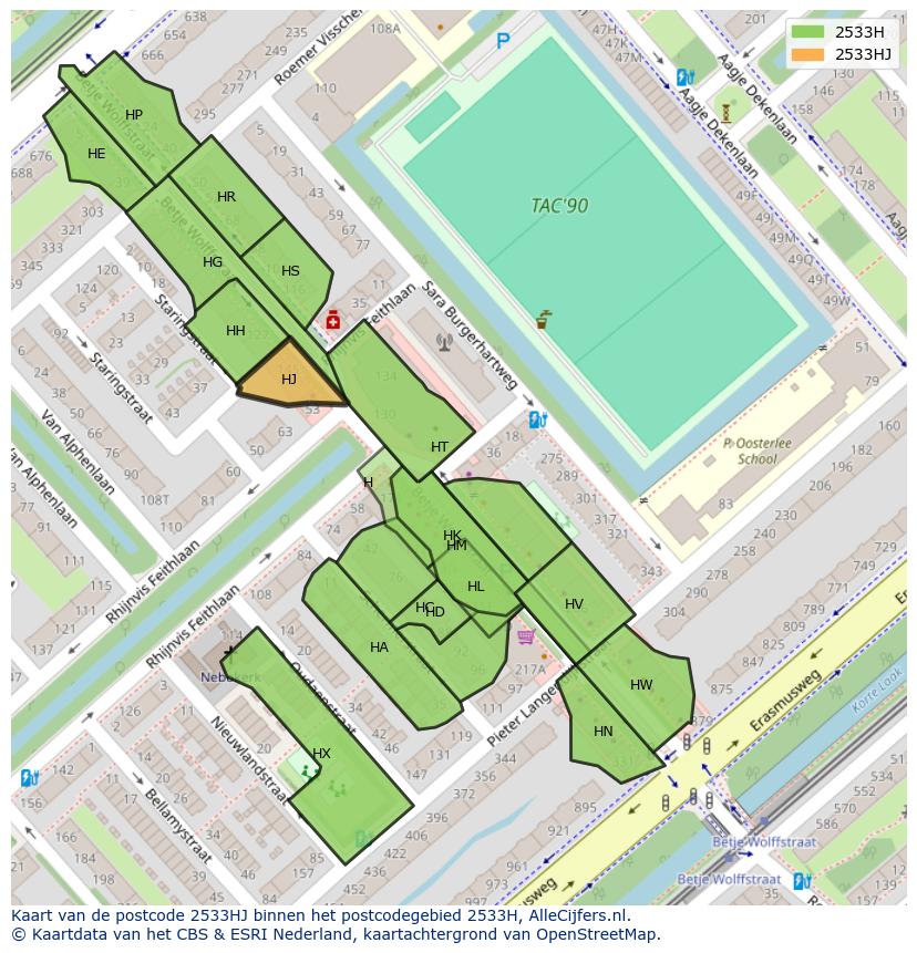Afbeelding van het postcodegebied 2533 HJ op de kaart.