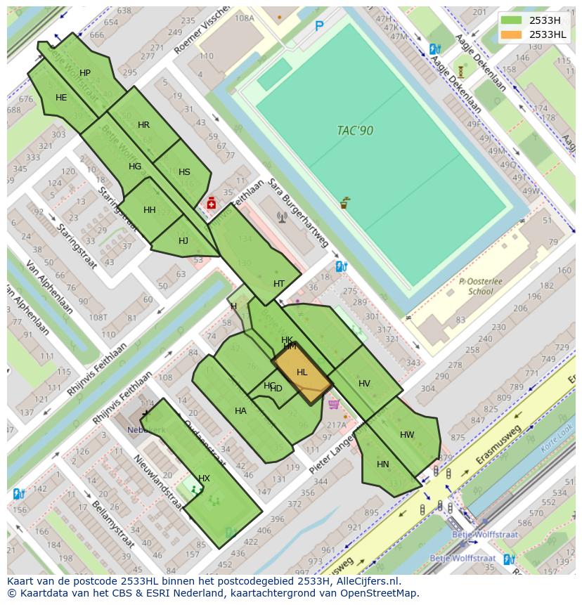 Afbeelding van het postcodegebied 2533 HL op de kaart.