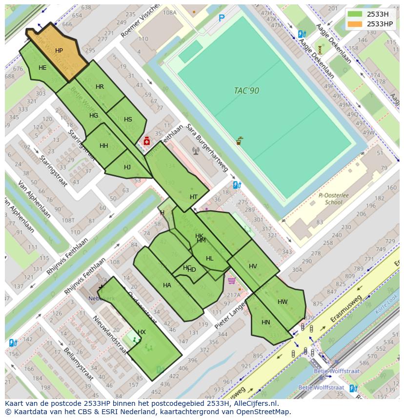 Afbeelding van het postcodegebied 2533 HP op de kaart.