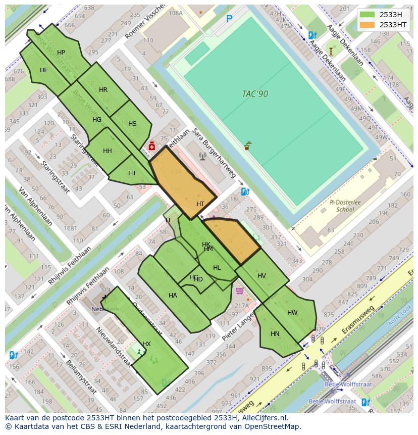 Afbeelding van het postcodegebied 2533 HT op de kaart.