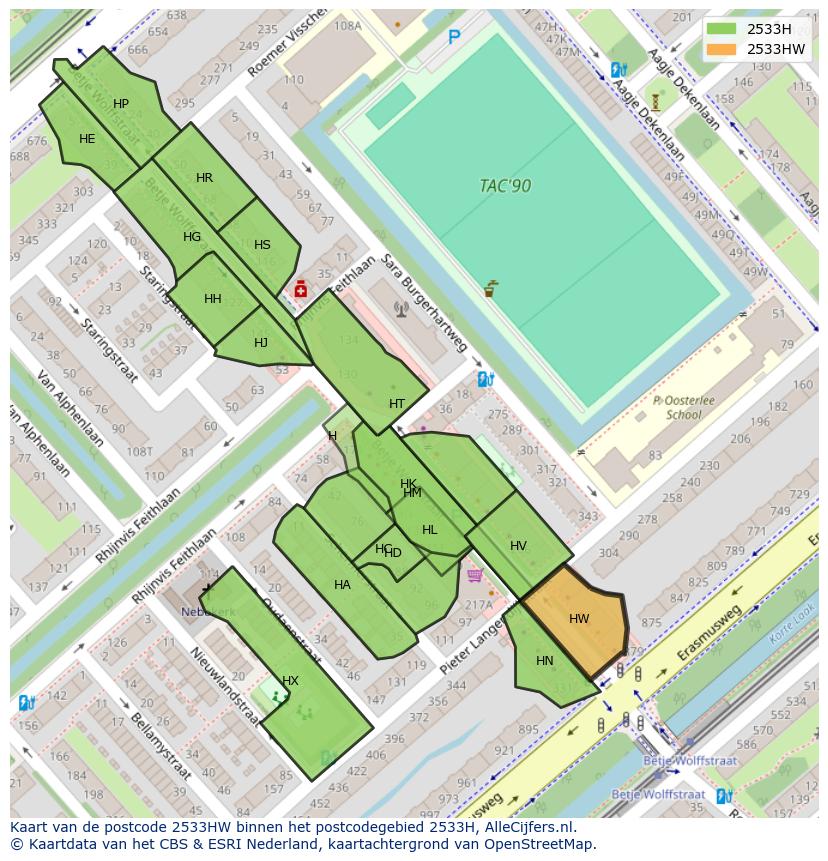 Afbeelding van het postcodegebied 2533 HW op de kaart.