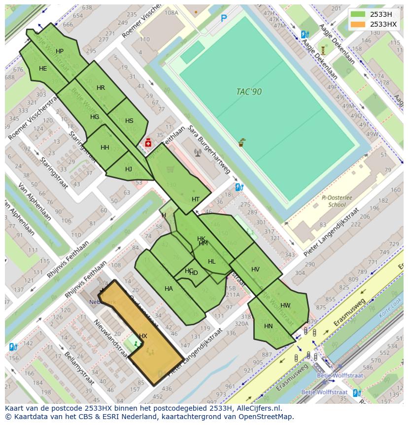 Afbeelding van het postcodegebied 2533 HX op de kaart.