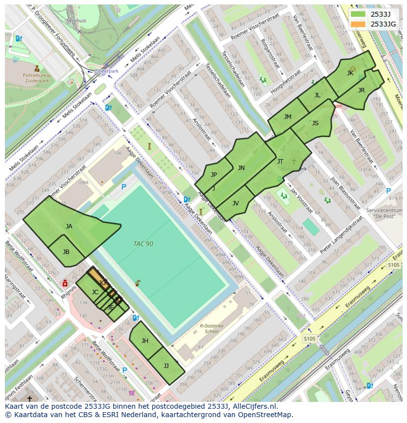 Afbeelding van het postcodegebied 2533 JG op de kaart.