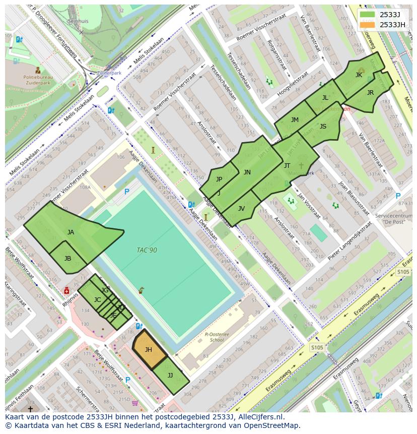 Afbeelding van het postcodegebied 2533 JH op de kaart.