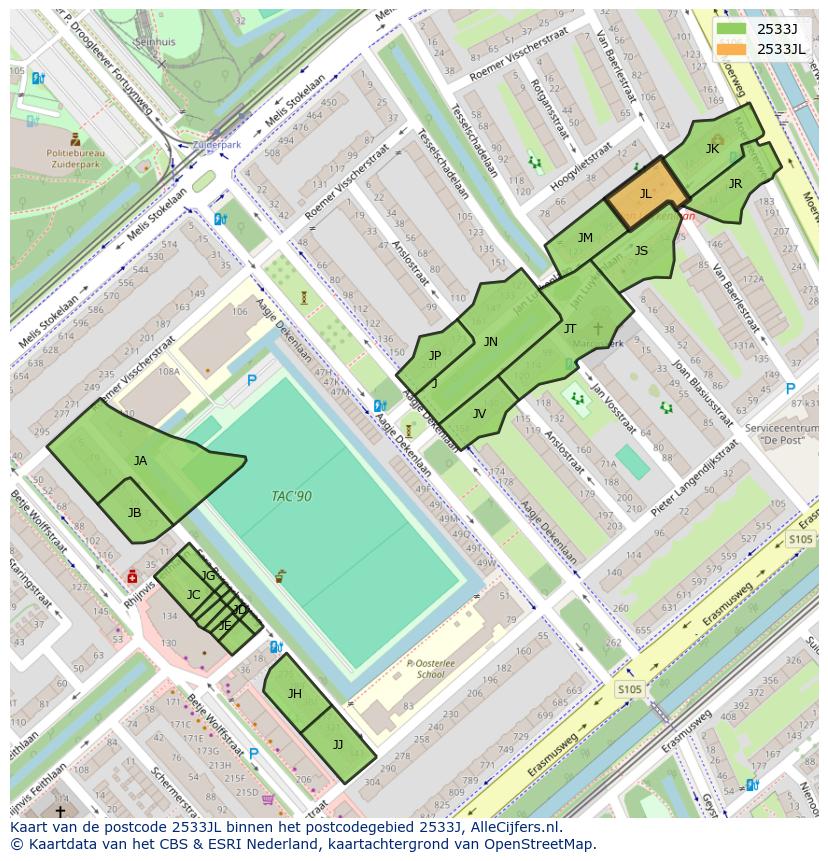Afbeelding van het postcodegebied 2533 JL op de kaart.