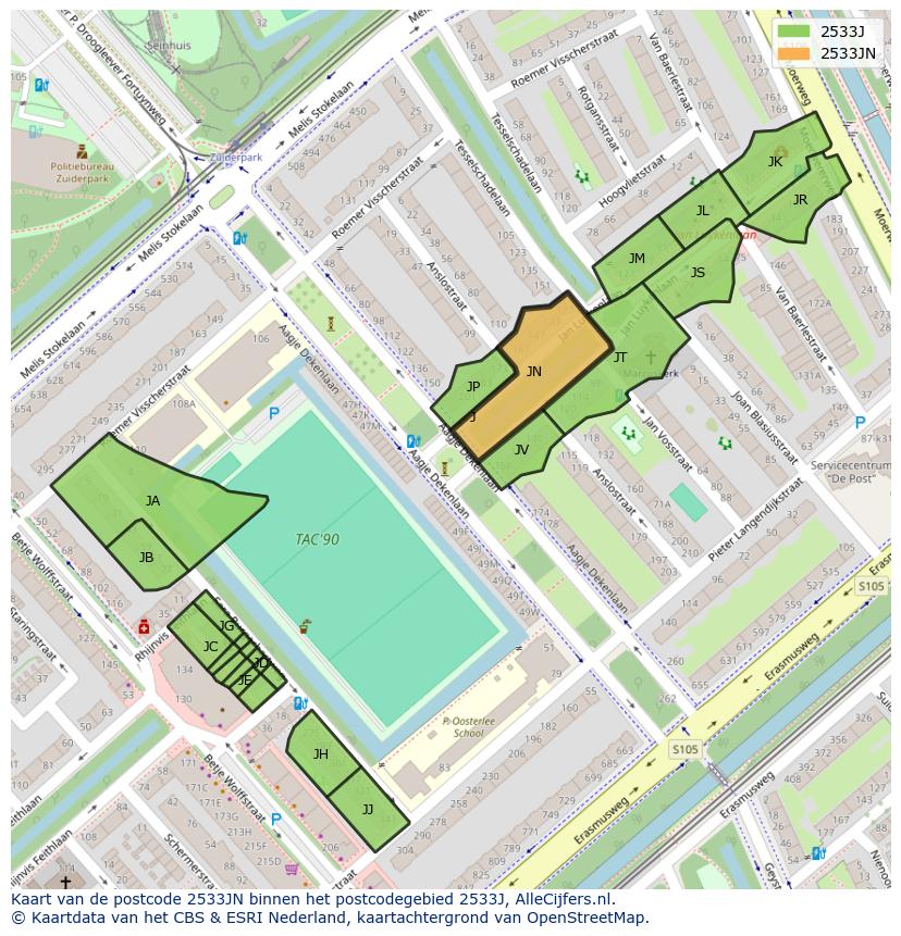 Afbeelding van het postcodegebied 2533 JN op de kaart.