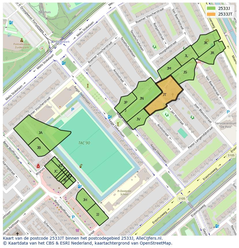 Afbeelding van het postcodegebied 2533 JT op de kaart.