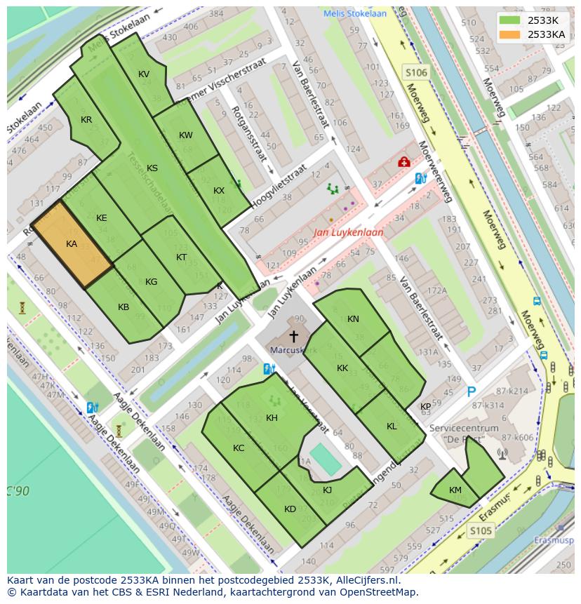 Afbeelding van het postcodegebied 2533 KA op de kaart.