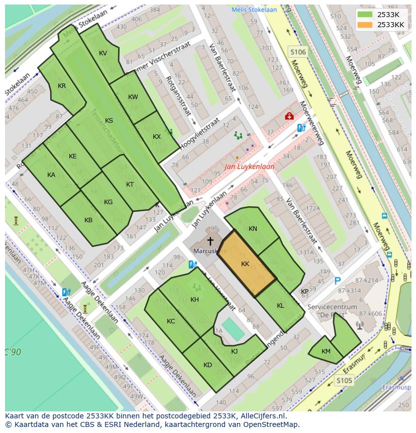 Afbeelding van het postcodegebied 2533 KK op de kaart.