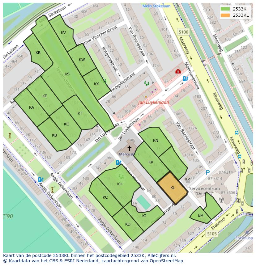 Afbeelding van het postcodegebied 2533 KL op de kaart.
