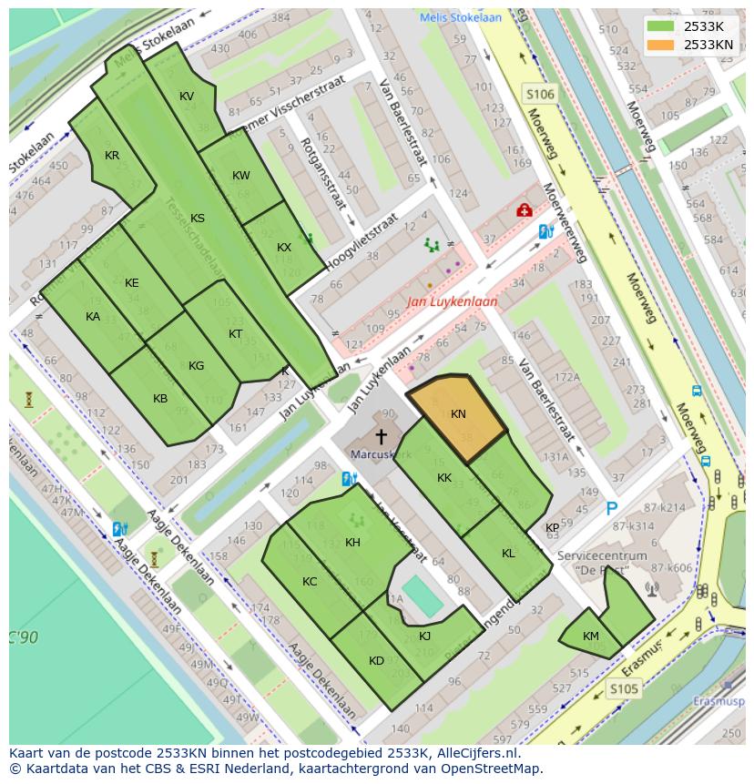 Afbeelding van het postcodegebied 2533 KN op de kaart.
