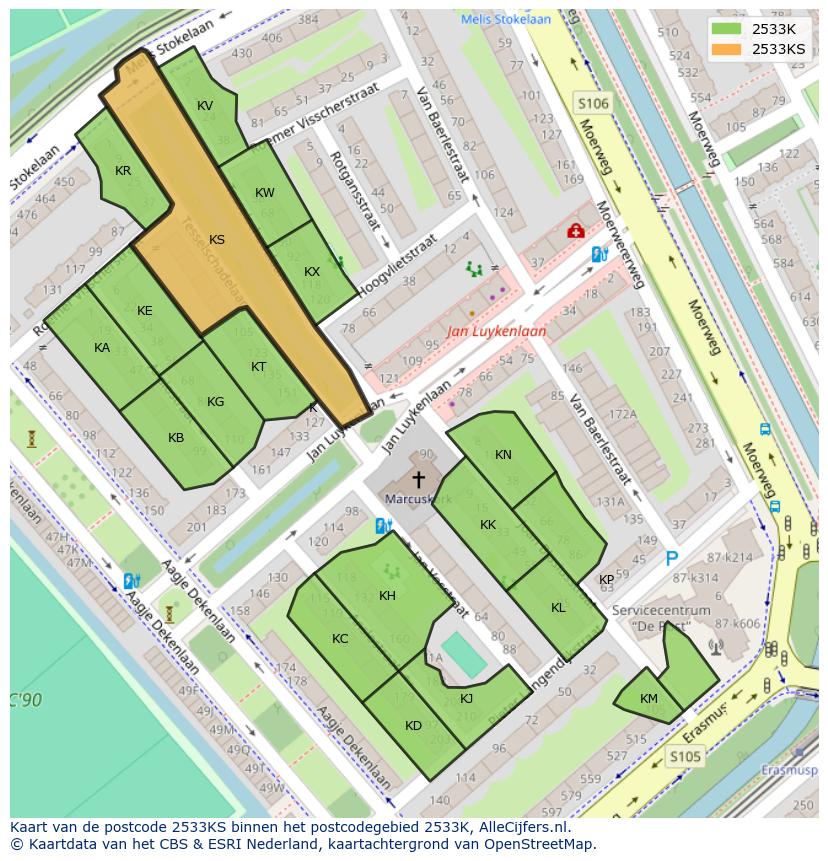 Afbeelding van het postcodegebied 2533 KS op de kaart.
