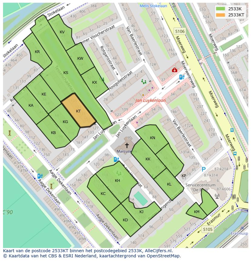 Afbeelding van het postcodegebied 2533 KT op de kaart.