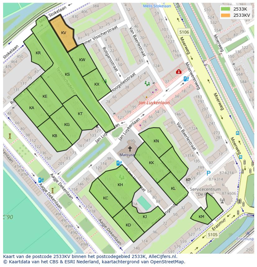 Afbeelding van het postcodegebied 2533 KV op de kaart.