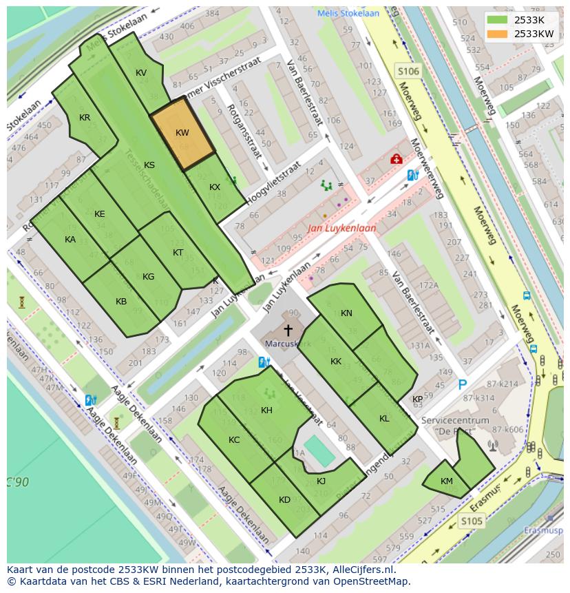 Afbeelding van het postcodegebied 2533 KW op de kaart.