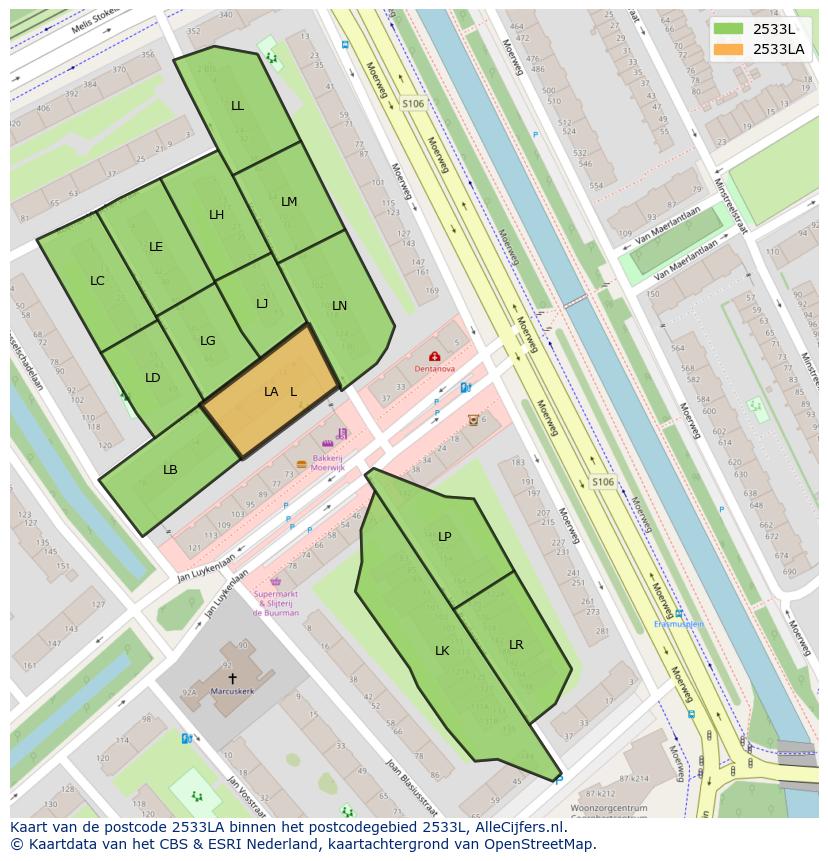 Afbeelding van het postcodegebied 2533 LA op de kaart.