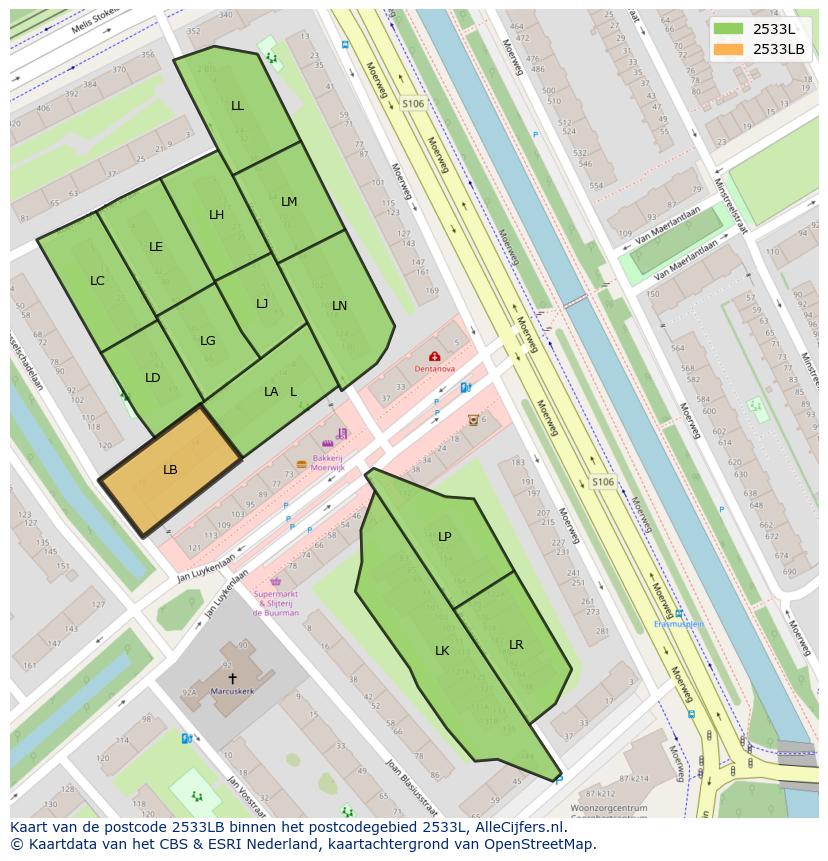 Afbeelding van het postcodegebied 2533 LB op de kaart.