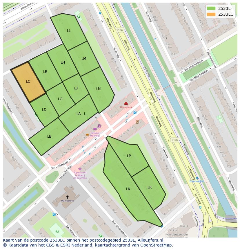 Afbeelding van het postcodegebied 2533 LC op de kaart.