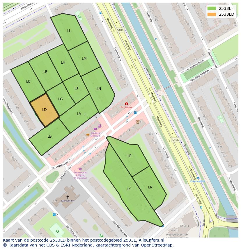 Afbeelding van het postcodegebied 2533 LD op de kaart.