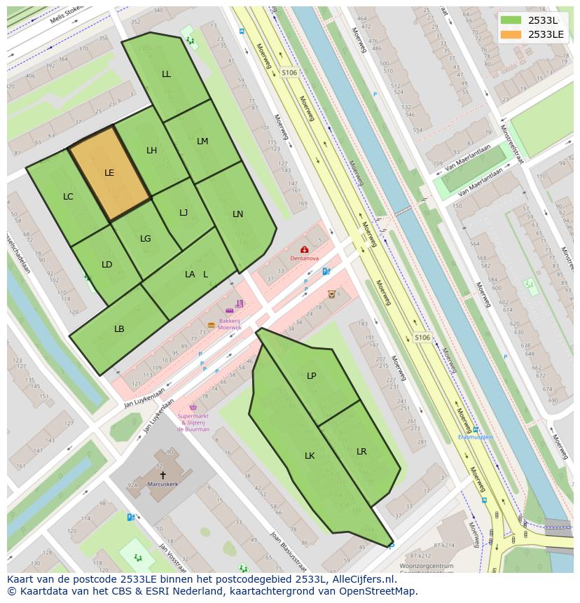 Afbeelding van het postcodegebied 2533 LE op de kaart.