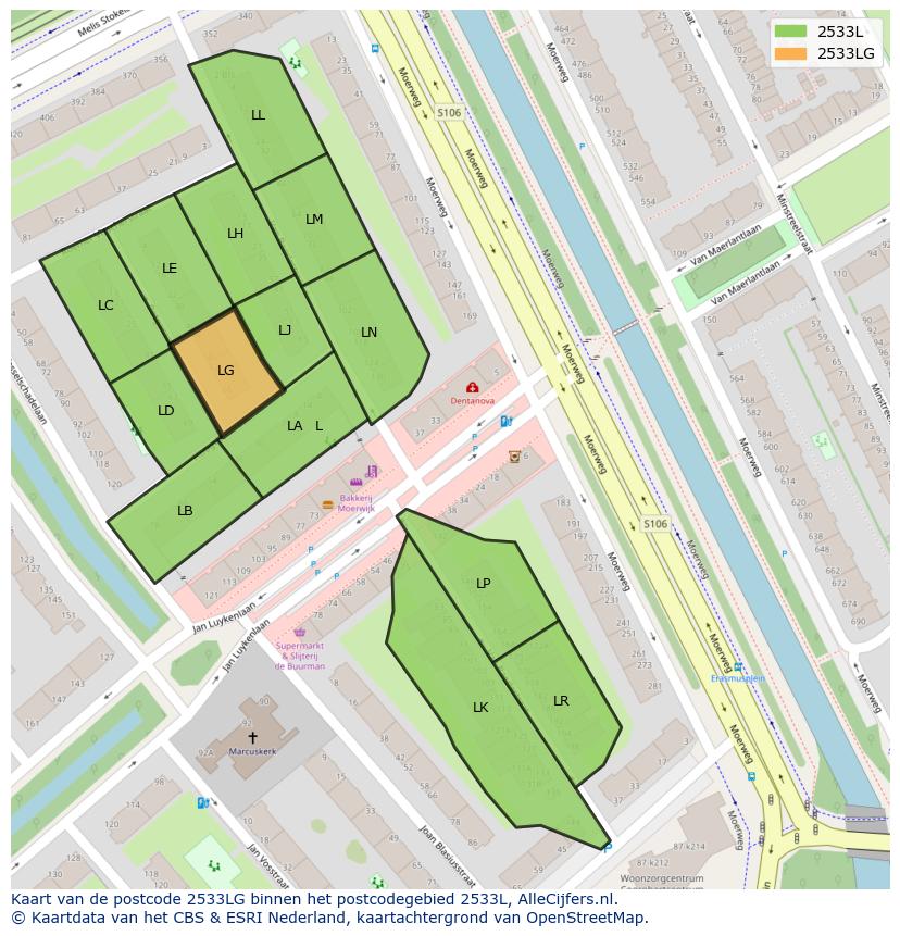 Afbeelding van het postcodegebied 2533 LG op de kaart.