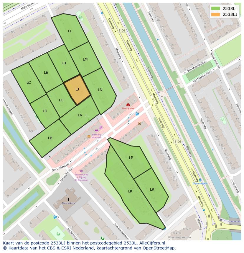 Afbeelding van het postcodegebied 2533 LJ op de kaart.