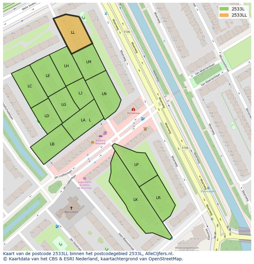 Afbeelding van het postcodegebied 2533 LL op de kaart.