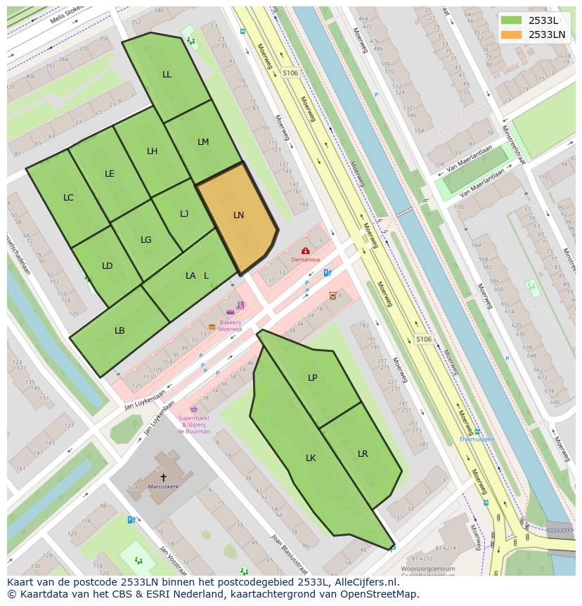 Afbeelding van het postcodegebied 2533 LN op de kaart.