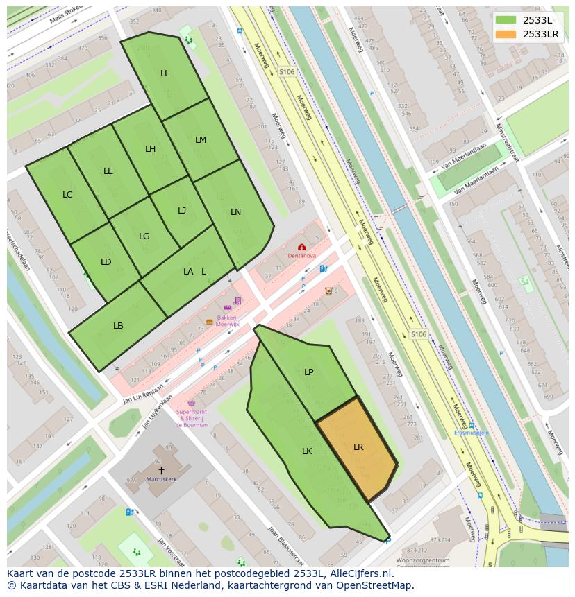 Afbeelding van het postcodegebied 2533 LR op de kaart.