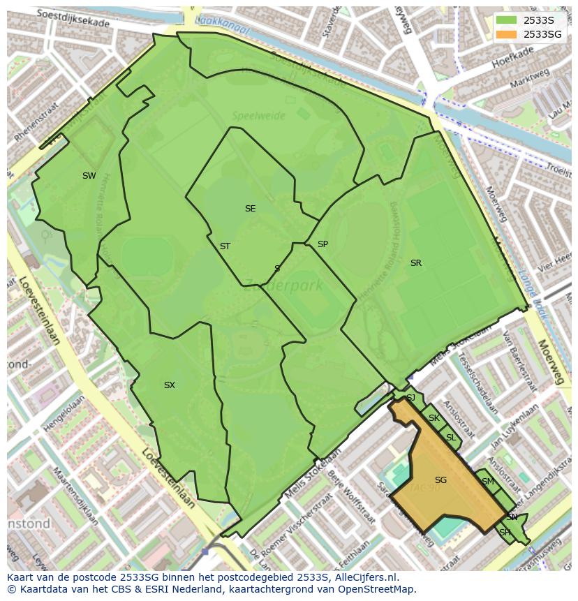 Afbeelding van het postcodegebied 2533 SG op de kaart.