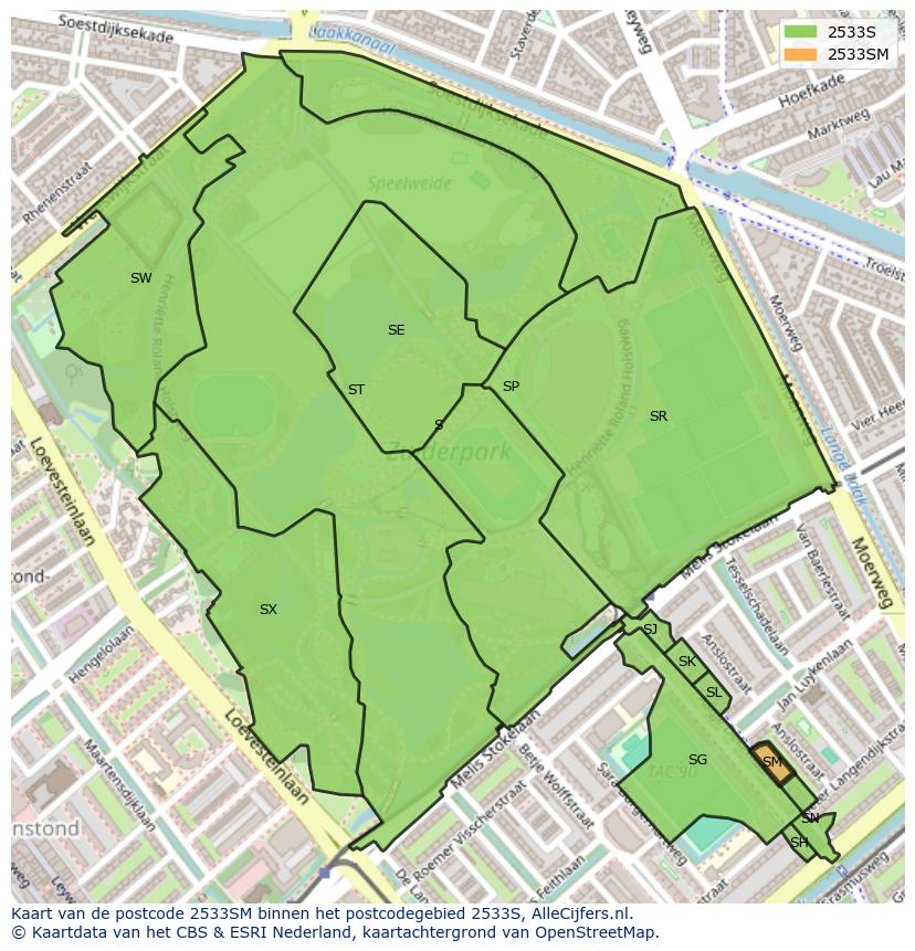 Afbeelding van het postcodegebied 2533 SM op de kaart.