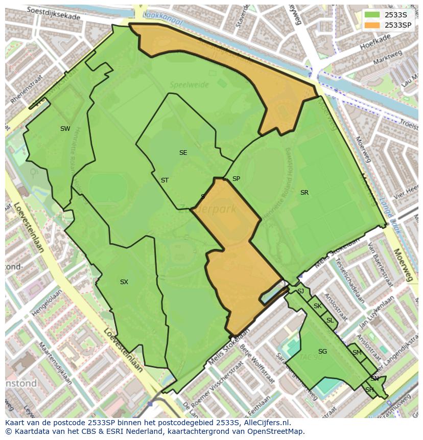 Afbeelding van het postcodegebied 2533 SP op de kaart.