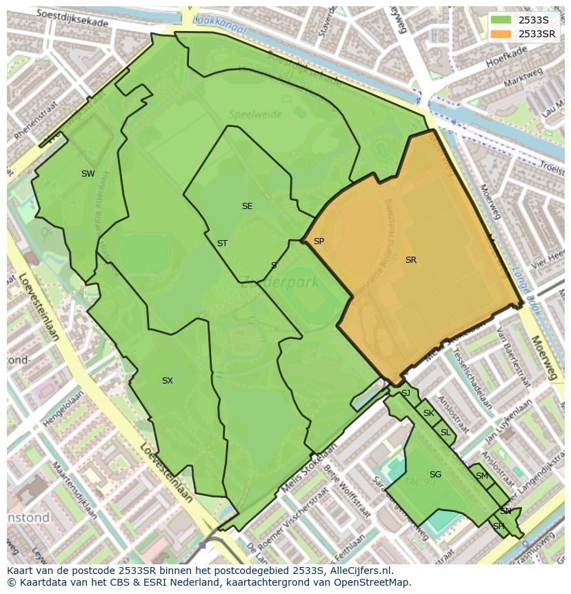 Afbeelding van het postcodegebied 2533 SR op de kaart.