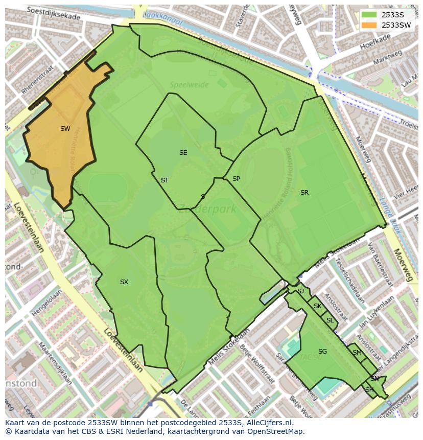 Afbeelding van het postcodegebied 2533 SW op de kaart.