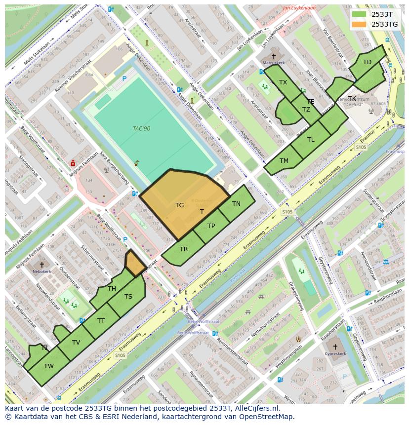 Afbeelding van het postcodegebied 2533 TG op de kaart.