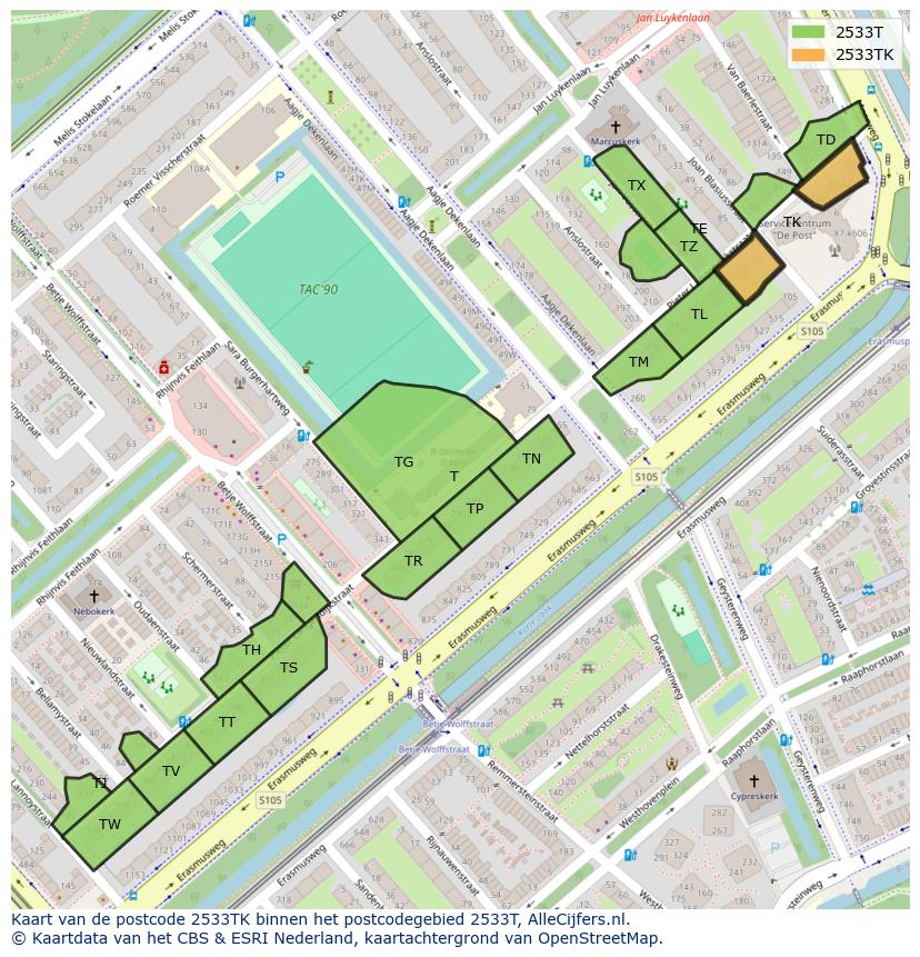 Afbeelding van het postcodegebied 2533 TK op de kaart.