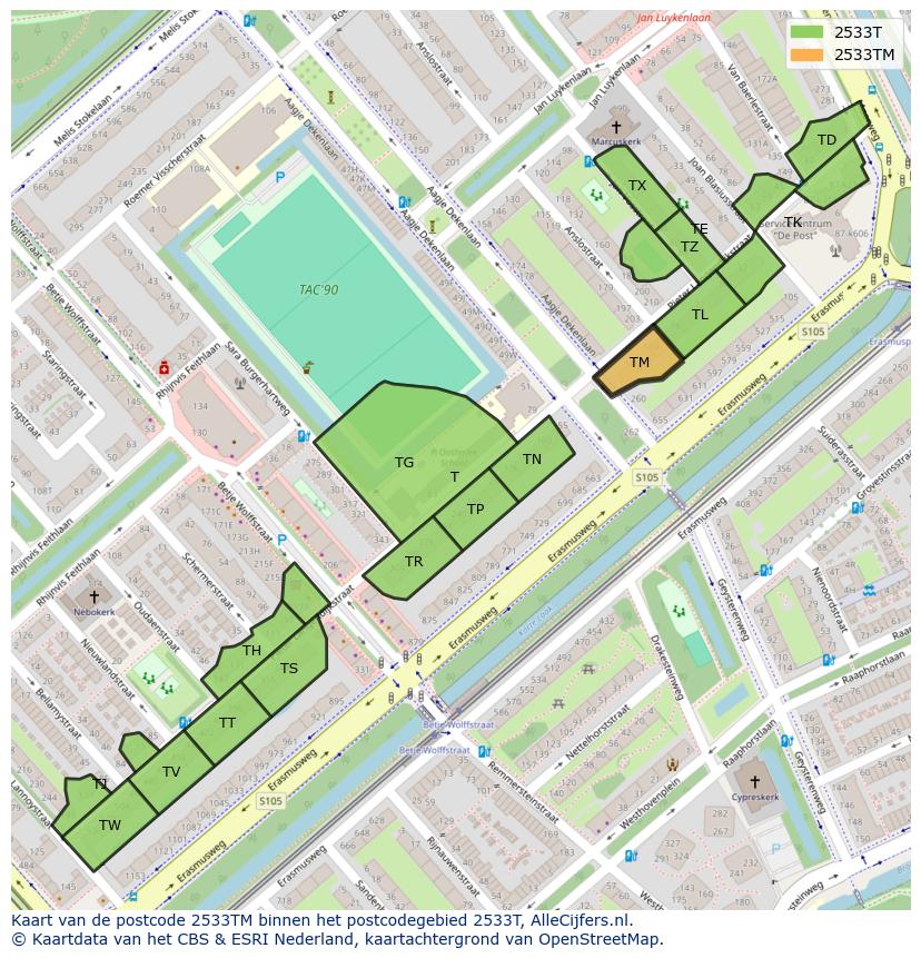 Afbeelding van het postcodegebied 2533 TM op de kaart.