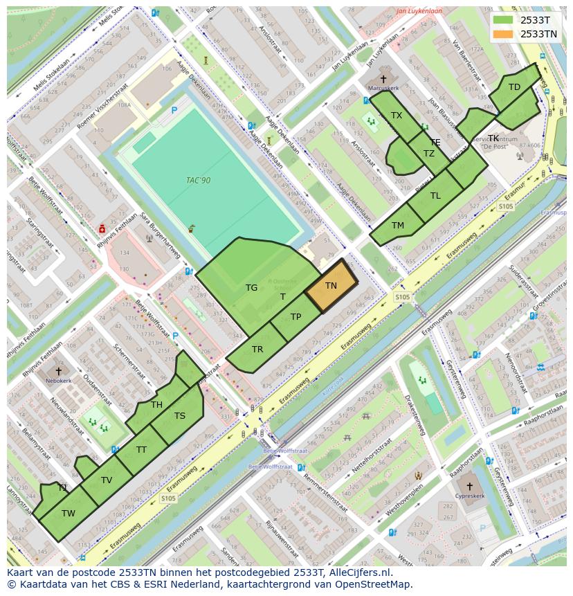 Afbeelding van het postcodegebied 2533 TN op de kaart.