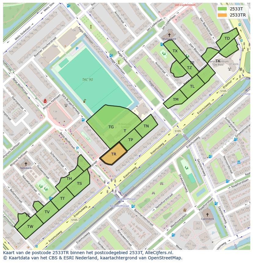 Afbeelding van het postcodegebied 2533 TR op de kaart.