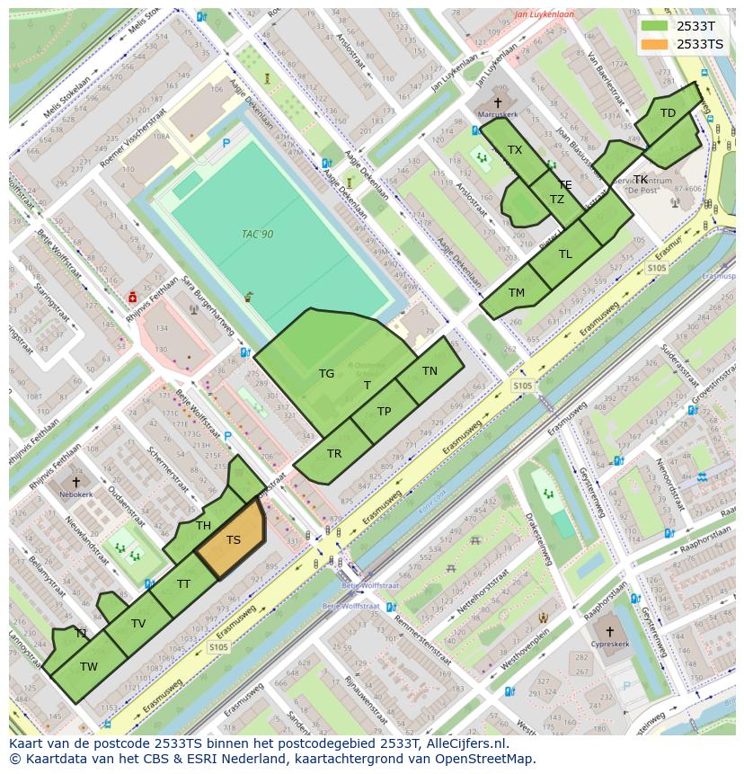 Afbeelding van het postcodegebied 2533 TS op de kaart.