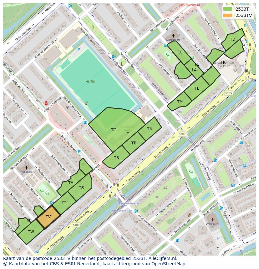 Afbeelding van het postcodegebied 2533 TV op de kaart.
